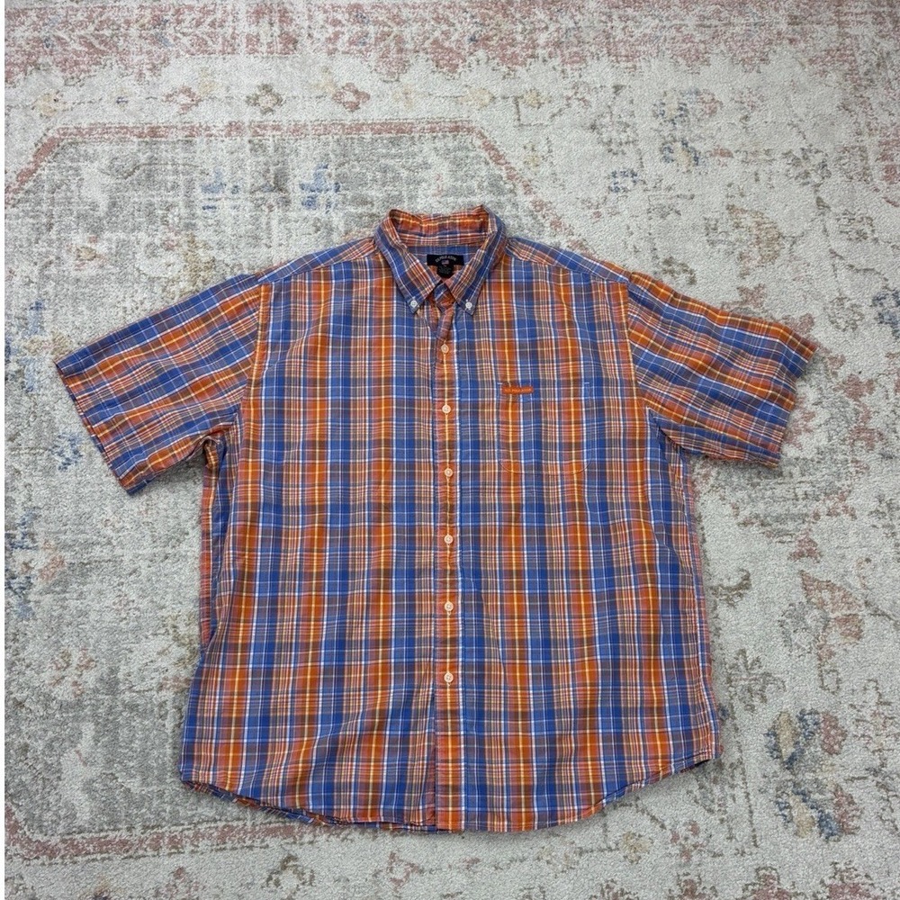 USPA Plaid Button Up Shirt XL • Orange Pink Blue Check Short Sleeve Top Dadcore